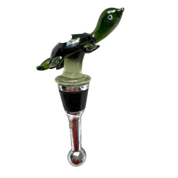 Glass Green Sea Turtle with White Polka Dots Wine Bottle Stopper in Gift Box - Picture 1 of 9